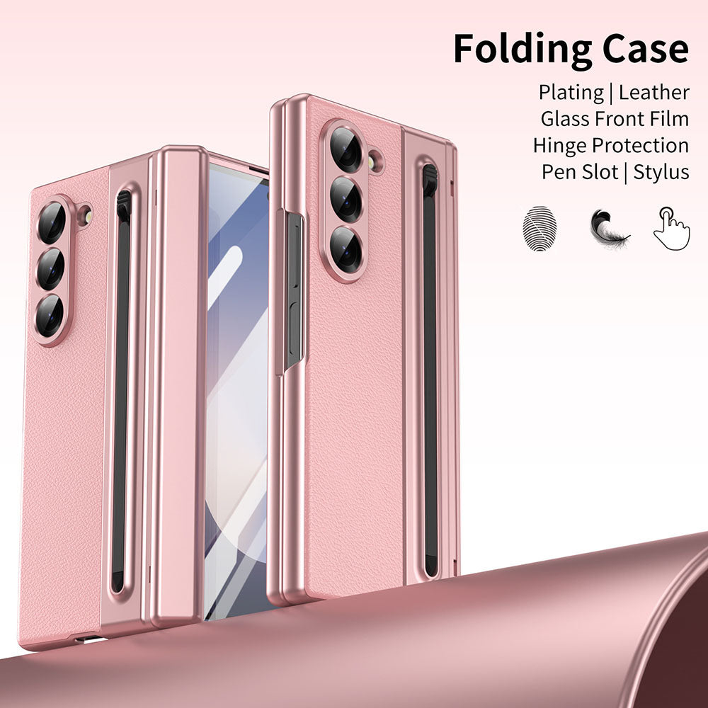Armor Electroplated Leather Pen Slot Folding Phone Case For Samsung Galaxy Z Fold With HD Screen Protector
