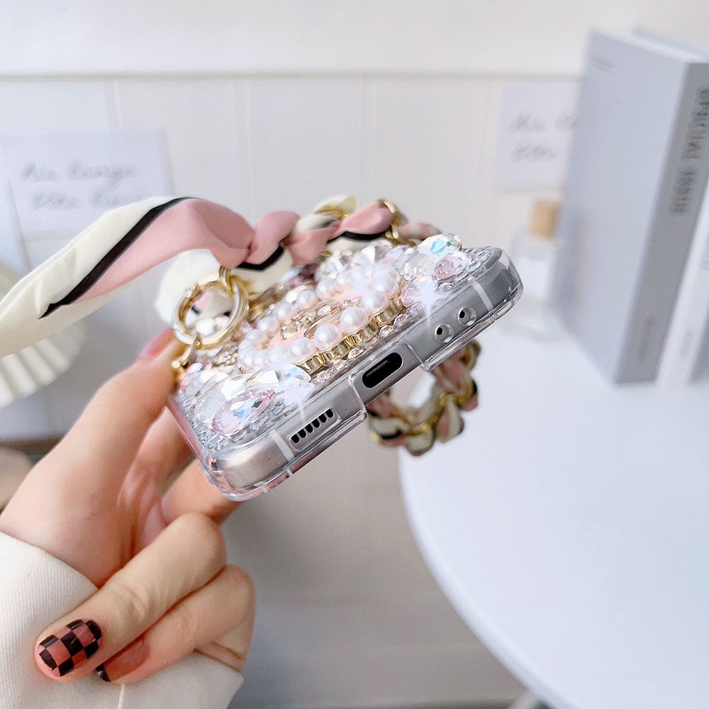 Luxurious Rhinestone Scarf Bracelet Phone Case For Samsung Galaxy Z Flip4 Flip3 5G