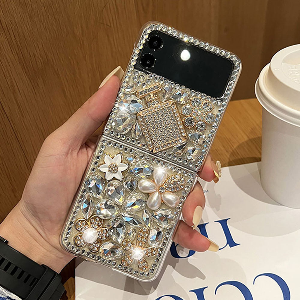 Luxurious Rhinestone Flower Bear Phone Case For Samsung Galaxy Z Flip4 Flip3 5G