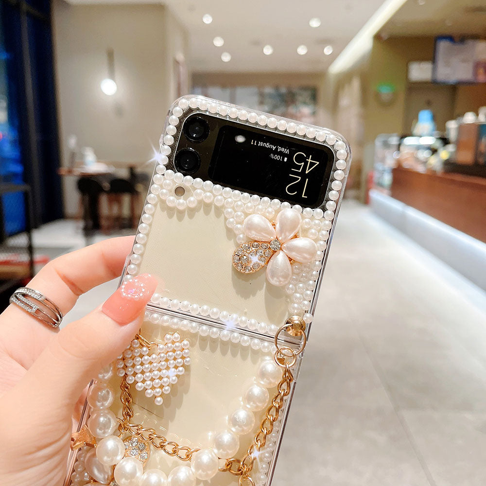 Luxurious Rhinestone Pearl Bracelet Phone Case For Samsung Galaxy Z Flip4 Flip3 5G