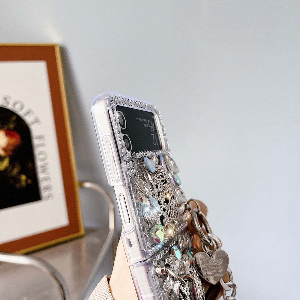 Luxurious Rhinestone Leopard Bracelet Phone Case For Samsung Galaxy Z Flip4 Flip3 5G