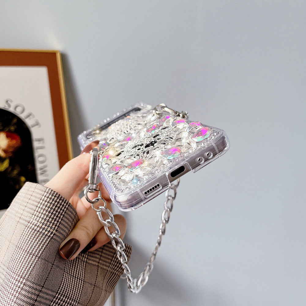 Luxurious Rhinestone Leopard Bracelet Phone Case For Samsung Galaxy Z Flip4 Flip3 5G