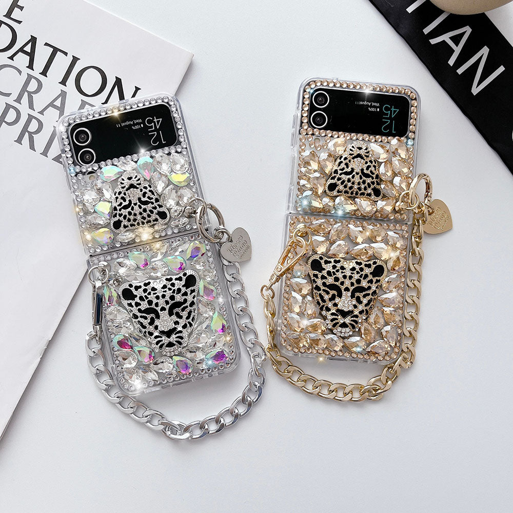 Luxurious Rhinestone Leopard Bracelet Phone Case For Samsung Galaxy Z Flip4 Flip3 5G