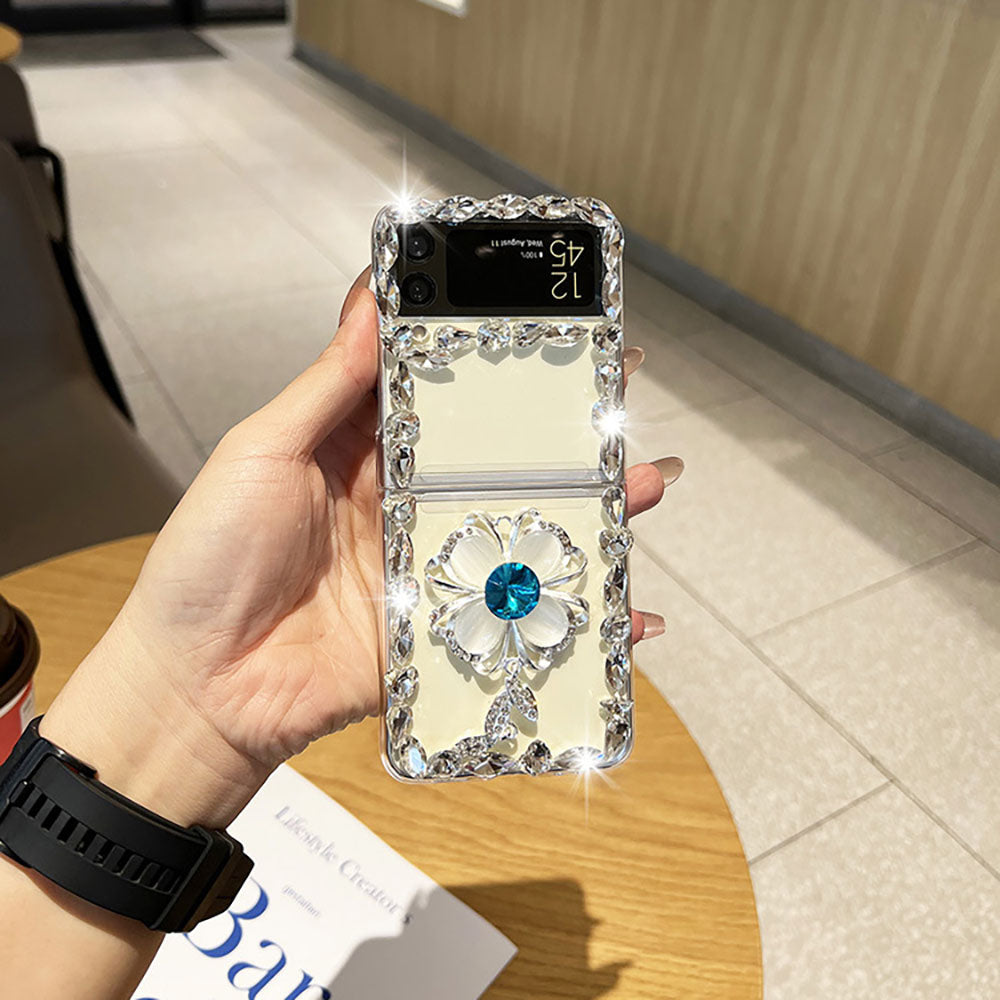 Rhinestone Four-Leaf Clover Shiny Phone Case For Samsung Galaxy Flip4 Flip3