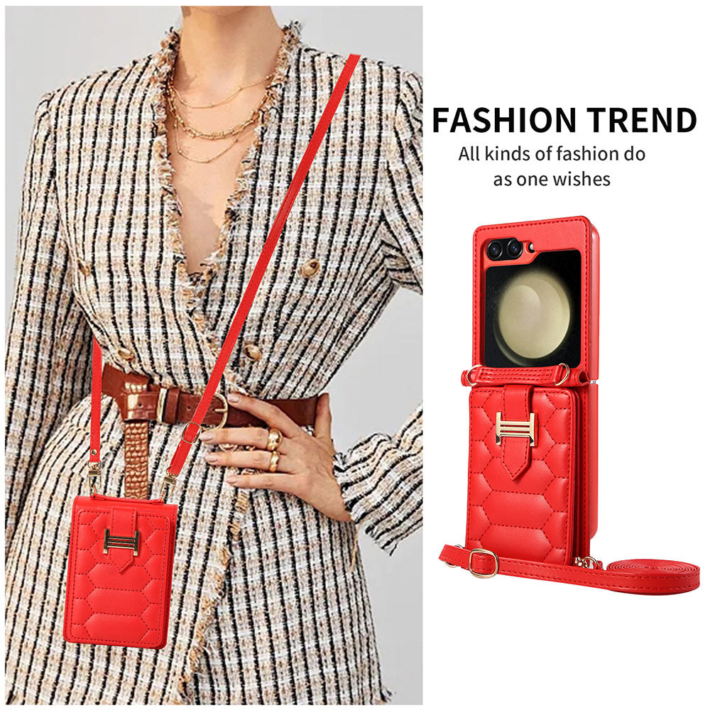 Crossbody Strap Flip Leather Phone Case For Samsung Galaxy Flip5 Flip4 Flip3