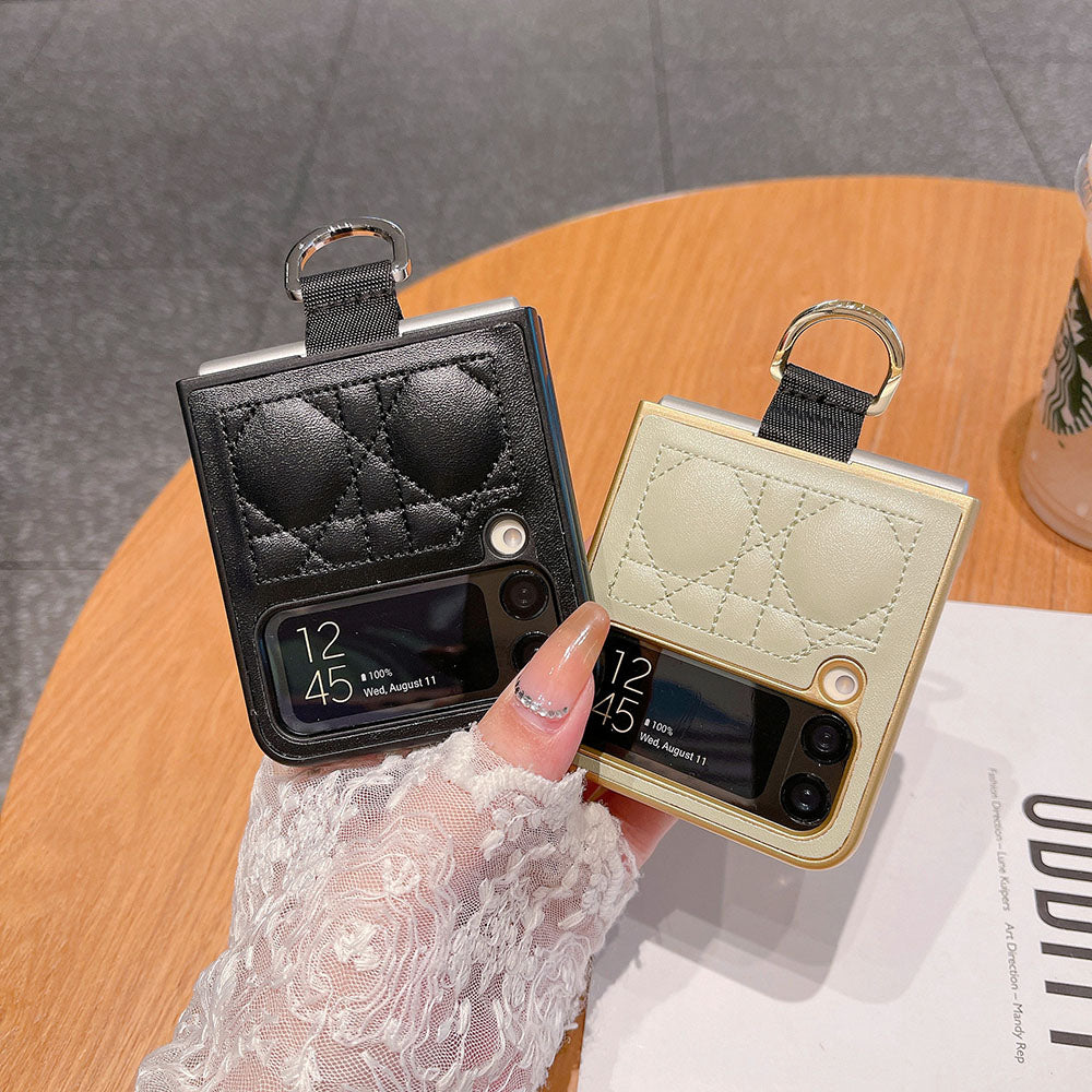 Ring Buckle Folding Screen Rhombus Leather Phone Case For Samsung Galaxy Flip5 Flip4 Flip3