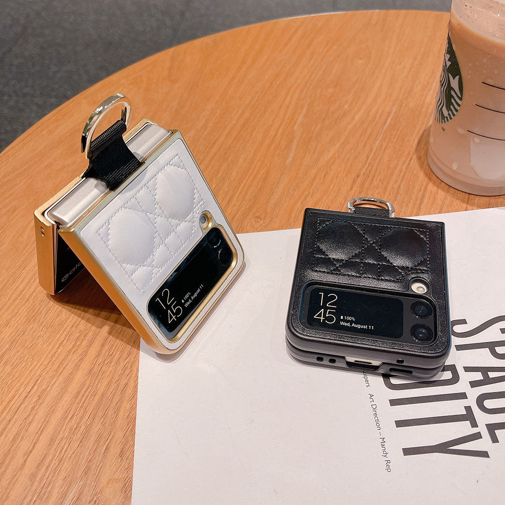 Ring Buckle Folding Screen Rhombus Leather Phone Case For Samsung Galaxy Flip5 Flip4 Flip3