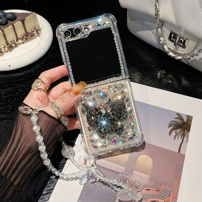Shiny Diamond Butterfly All Covered Protective Bracelet Phone Case For Samsung Galaxy Z Flip5 Flip4 Flip3