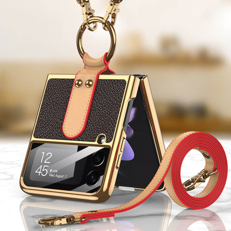 Luxury Leather Back Screen Tempered Glass Hard Frame Cover For Samsung Z Flip4 Flip3 5G With Lanyard - GiftJupiter