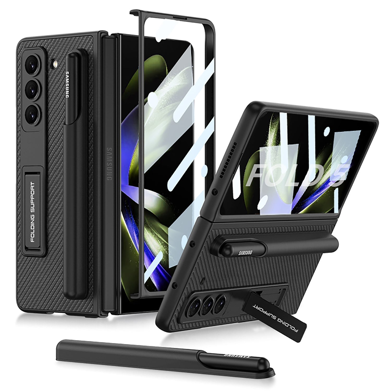Samsung Galaxy Z Fold 5 Case with Front Screen Tempered Glass Protector & Pen Slot & Stylus - mycasety2023 Mycasety