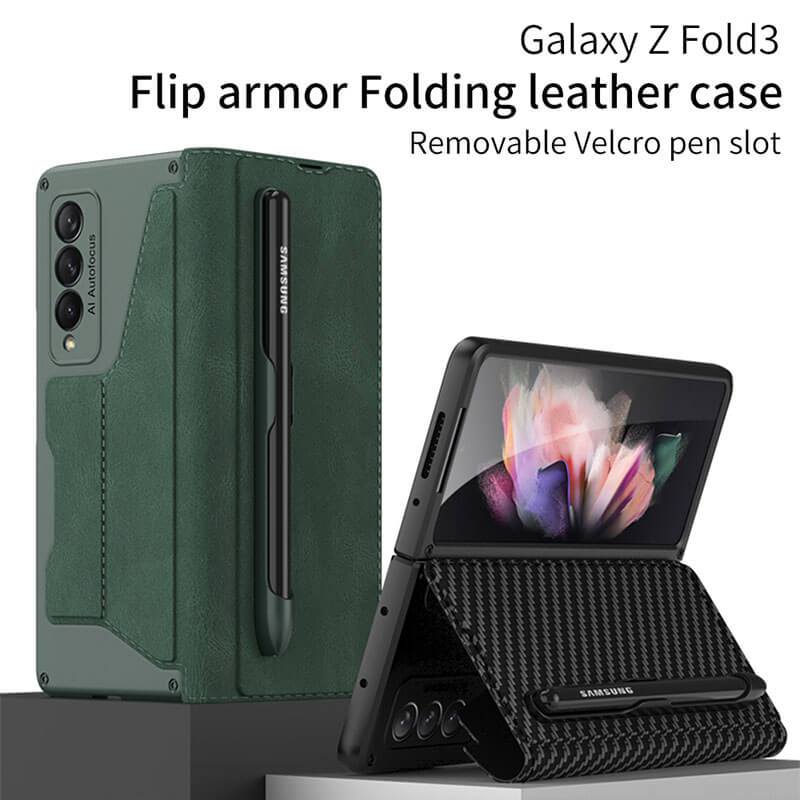 Leather Pen Holder Armor Back Case For Samsung Galaxy Z Fold4 Fold3 5G - GiftJupiter