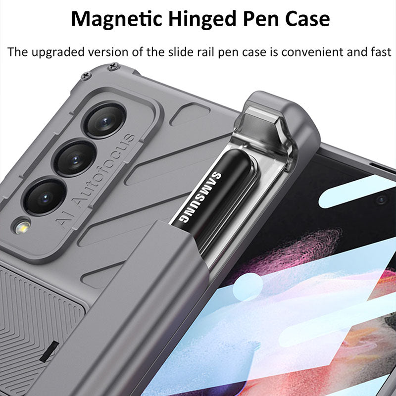 Magnetic Armor All-included Slide Pen Case With Back Screen Glass Hinge Holder Phone Cover For Samsung Galaxy Z Fold 3 5G - GiftJupiter