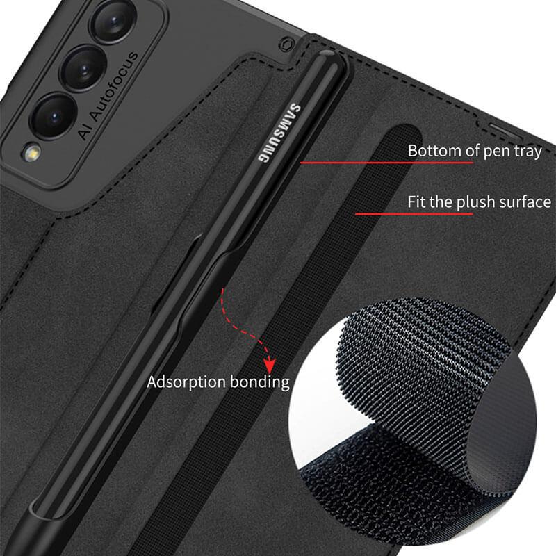 Leather Pen Holder Armor Back Case For Samsung Galaxy Z Fold4 Fold3 5G - GiftJupiter