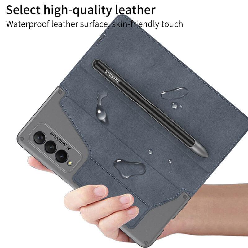 Leather Pen Holder Armor Back Case For Samsung Galaxy Z Fold4 Fold3 5G - GiftJupiter