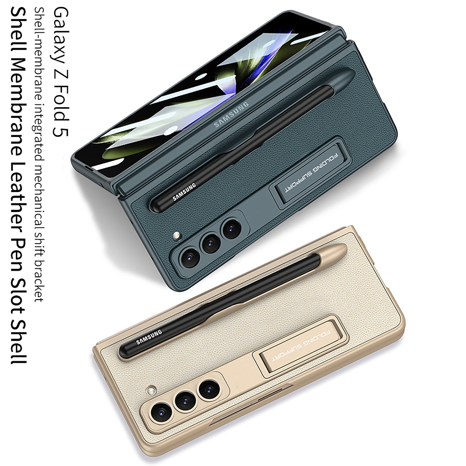 Slim Leather Samsung Galaxy Z Fold 5 Case with Front Screen Tempered Glass Protector & Pen Slot & Stylus - mycasety2023 Mycasety