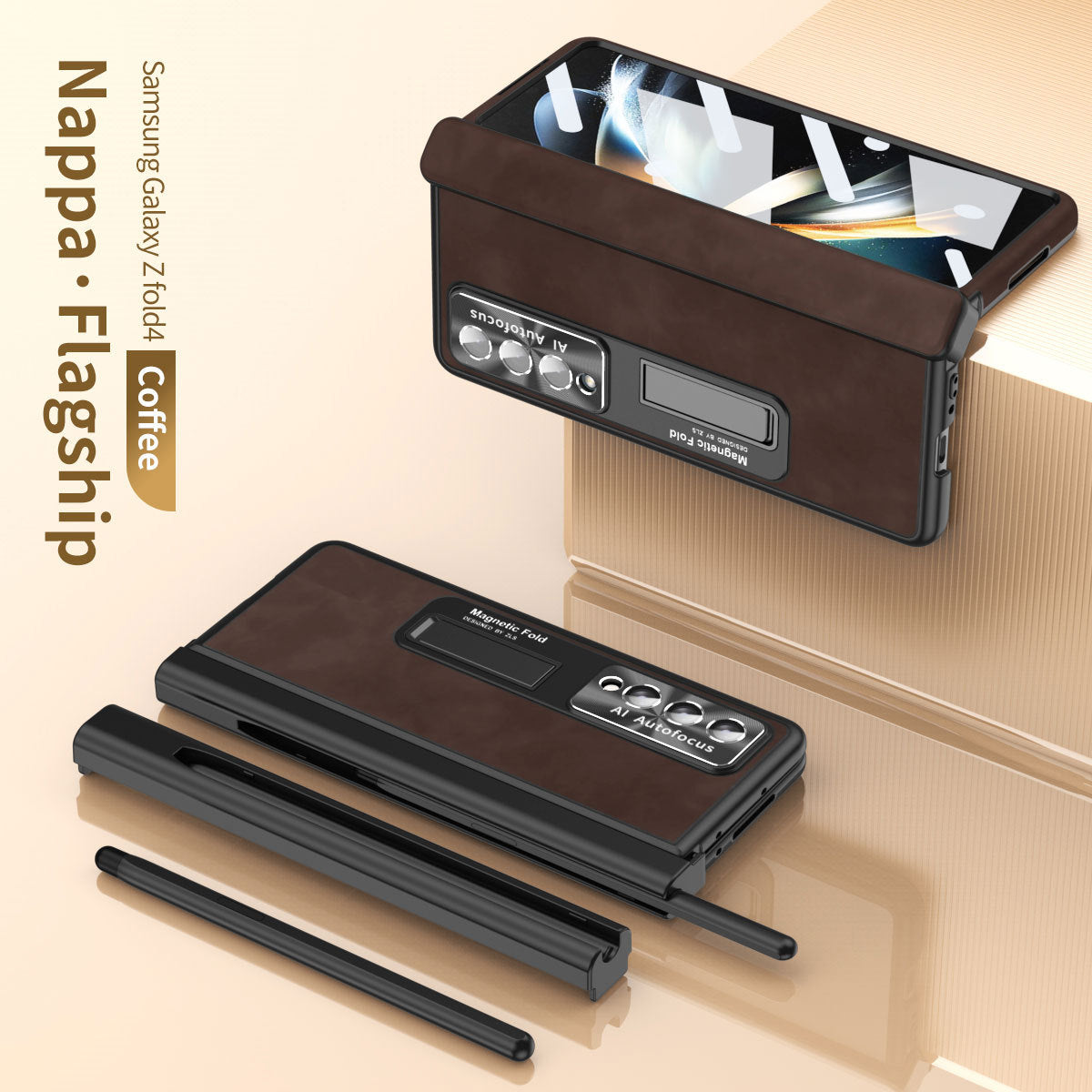 Luxury Nappa Leather Cover Magnetic Hinge Folding Shell Case For Samsung Galaxy Z Fold3 Fold4 Fold5 5G With S-Pen Slot & Stylus