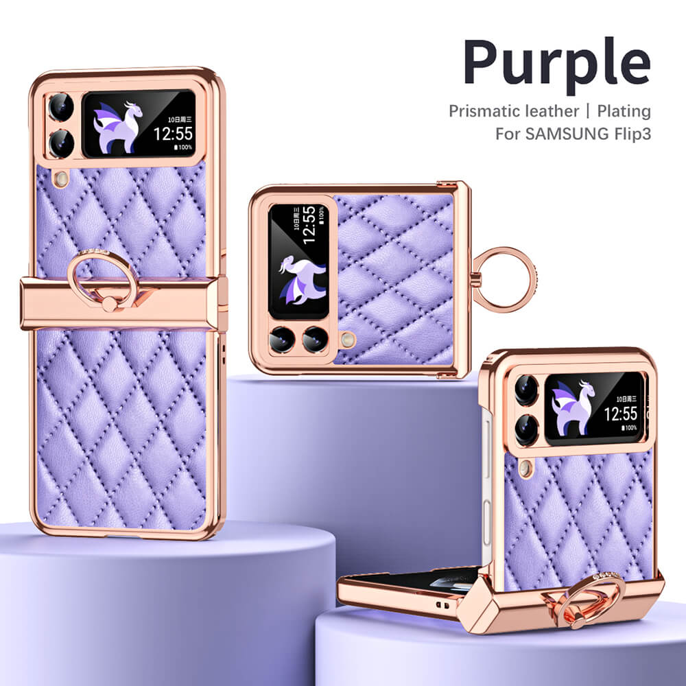 Leather Plated Diamond Hinge Ring Case for Samsung Galaxy Z Flip4 Flip3 - GiftJupiter
