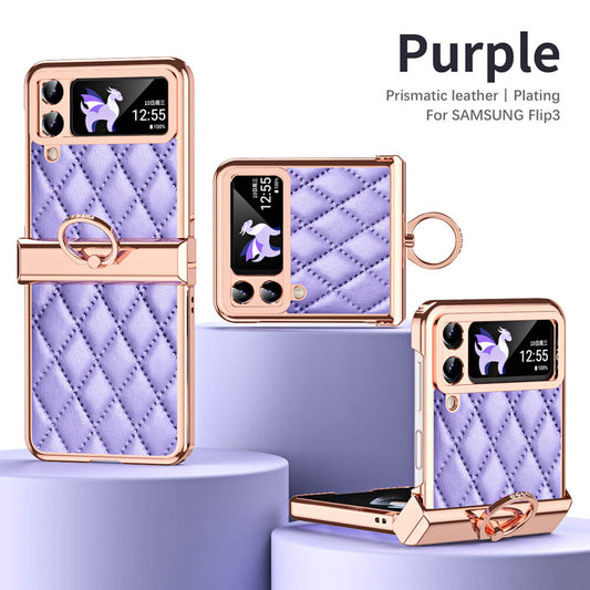 Leather Plated Diamond Hinge Ring Case for Samsung Galaxy Z Flip4 Flip3 - GiftJupiter