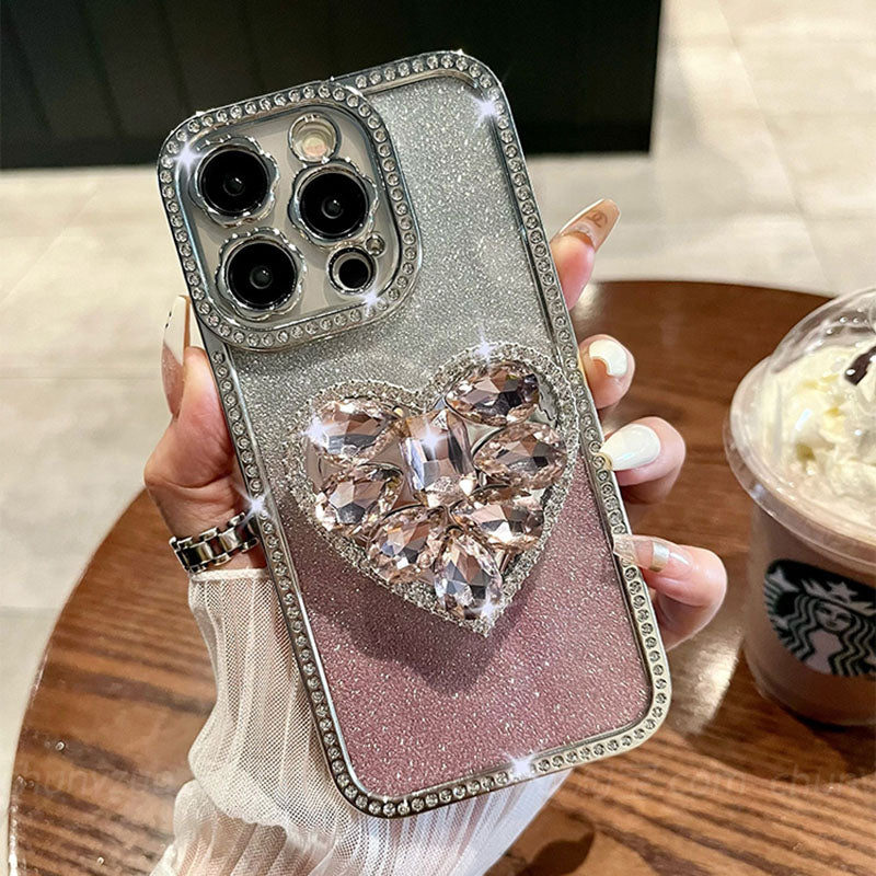 Light Luxury Electroplating Rhinestone Love Bracket iPhone Case