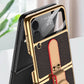 Luxury Leather Back Screen Tempered Glass Hard Frame Cover For Samsung Z Flip4 Flip3 5G With Lanyard - GiftJupiter