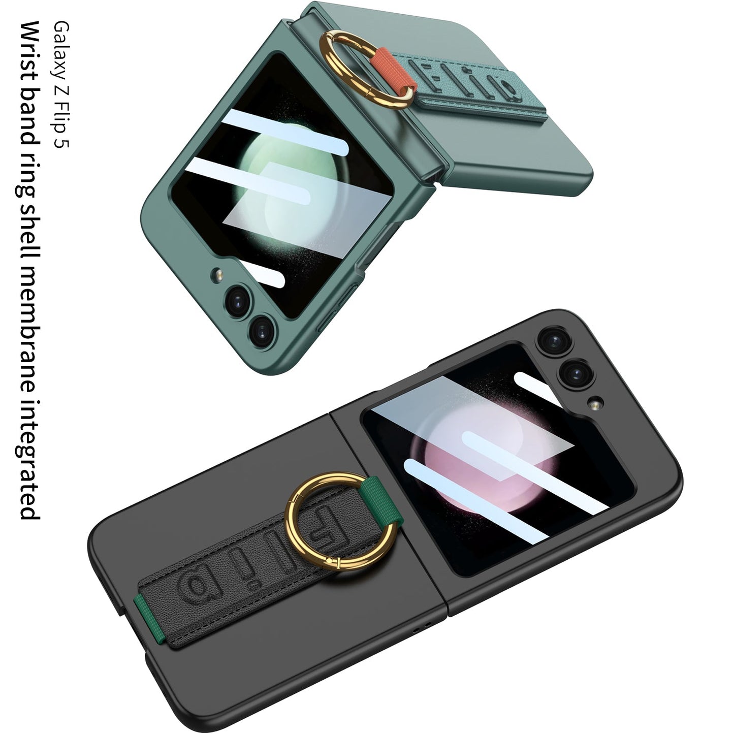 Premium Wristband Ring Holder Phone Case With Back Screen Protector For Samsung Galaxy Z Flip5 Flip4 Flip3