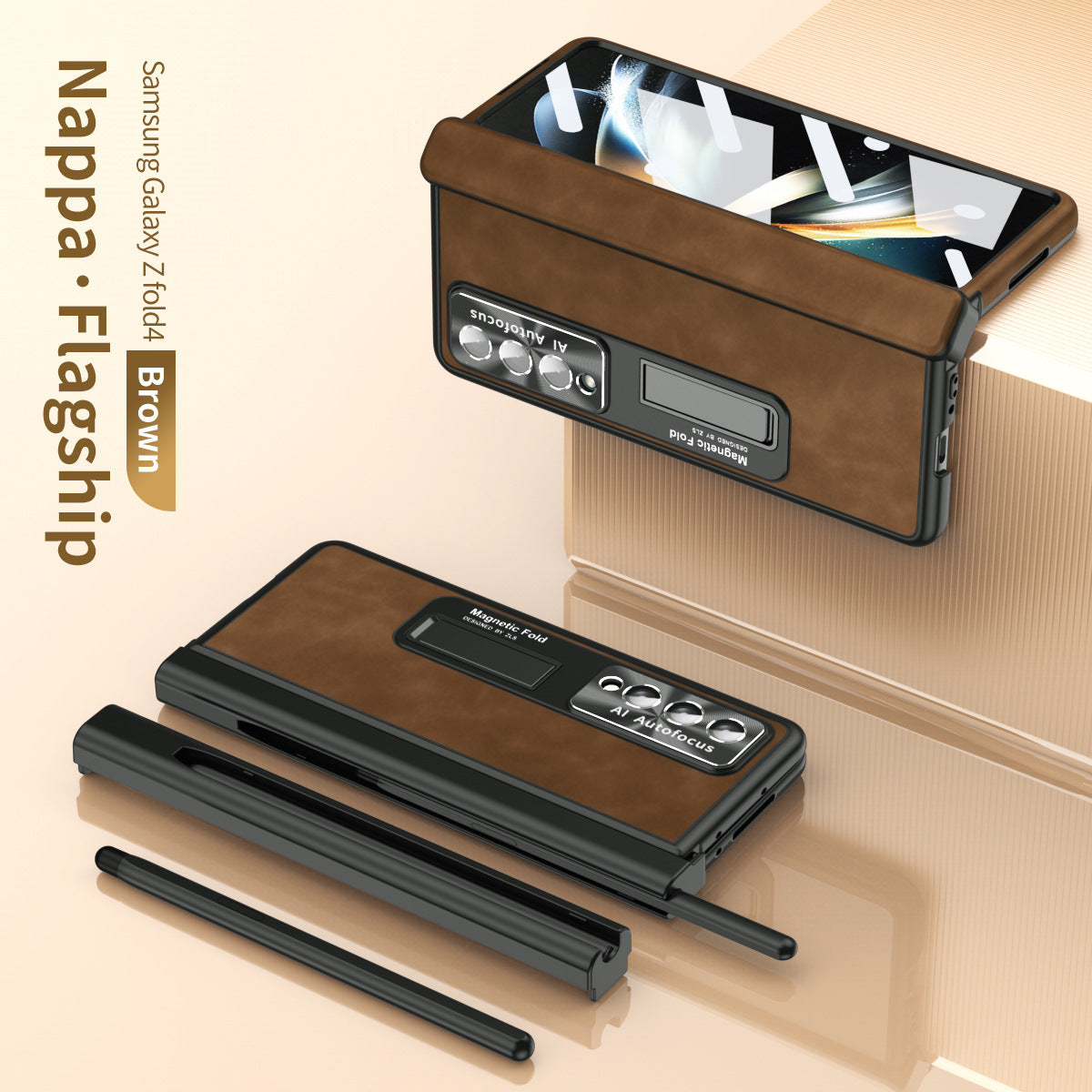 Luxury Nappa Leather Cover Magnetic Hinge Folding Shell Case For Samsung Galaxy Z Fold3 Fold4 Fold5 5G With S-Pen Slot & Stylus