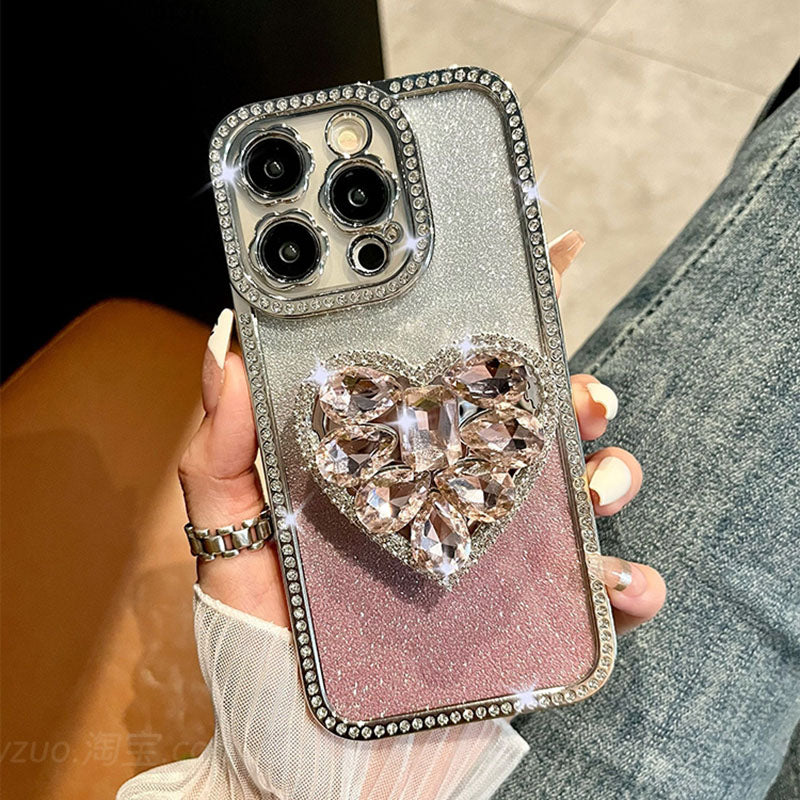 Light Luxury Electroplating Rhinestone Love Bracket iPhone Case