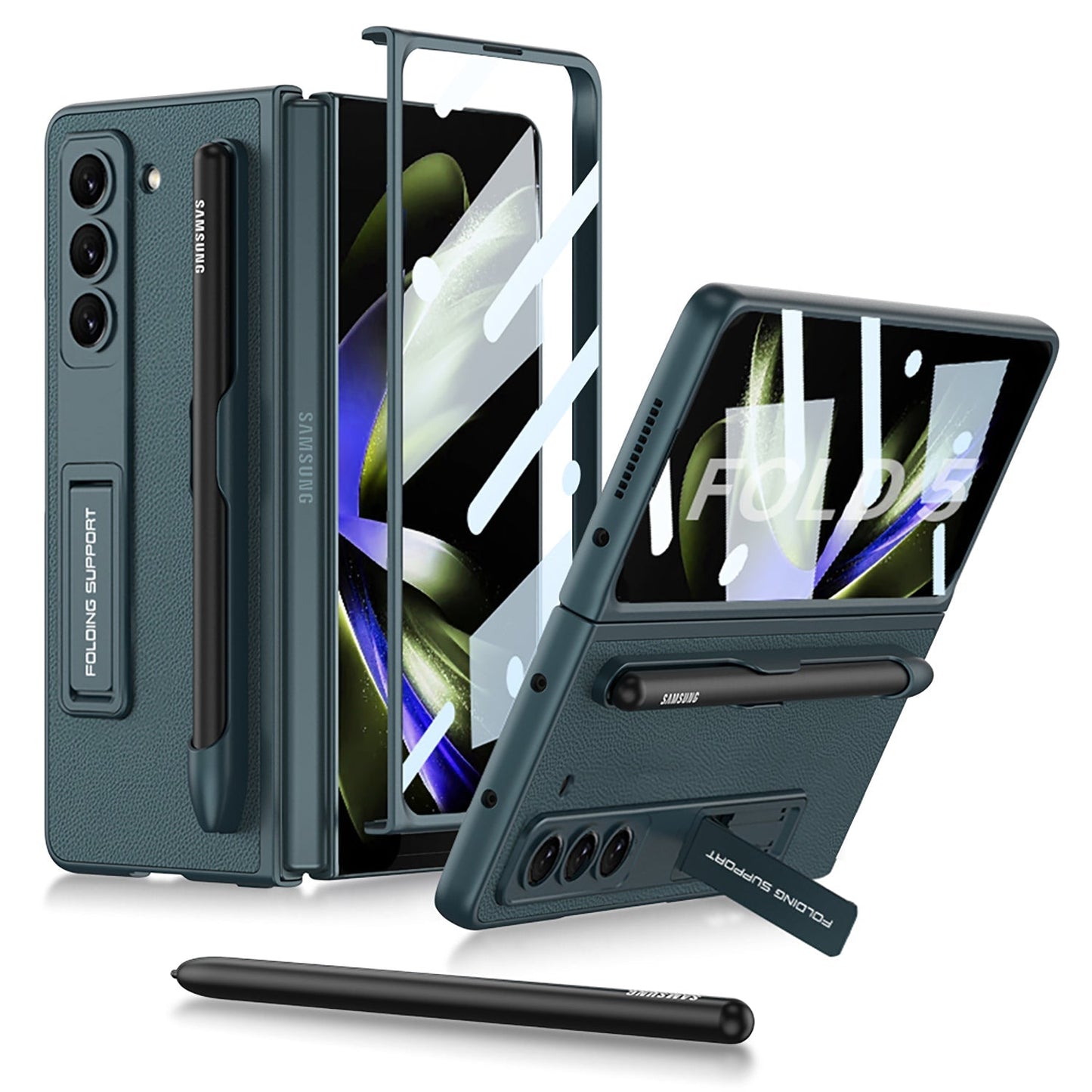 Slim Leather Samsung Galaxy Z Fold 5 Case with Front Screen Tempered Glass Protector & Pen Slot & Stylus - mycasety2023 Mycasety