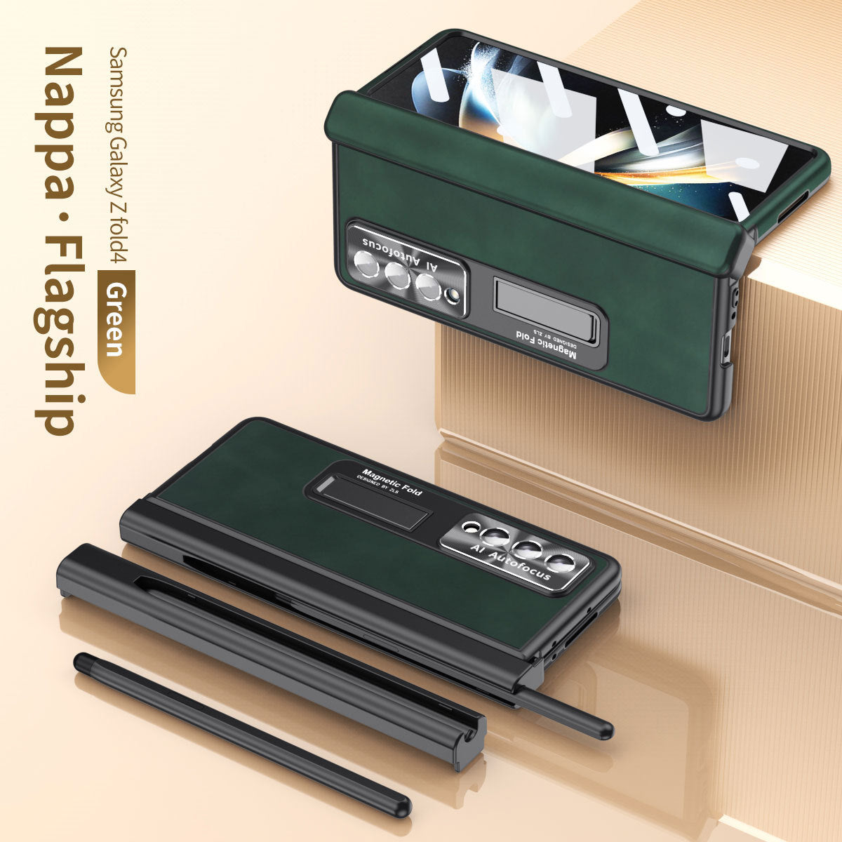 Luxury Nappa Leather Cover Magnetic Hinge Folding Shell Case For Samsung Galaxy Z Fold3 Fold4 Fold5 5G With S-Pen Slot & Stylus