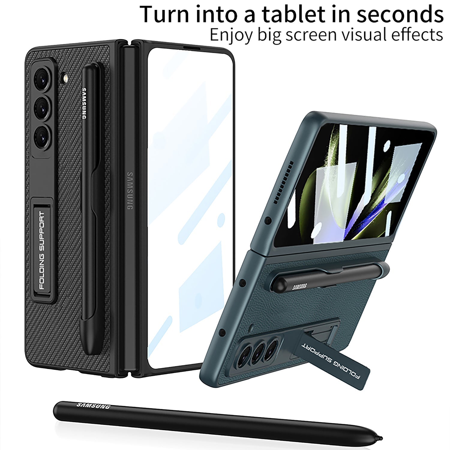 Slim Leather Samsung Galaxy Z Fold 5 Case with Front Screen Tempered Glass Protector & Pen Slot & Stylus - mycasety2023 Mycasety