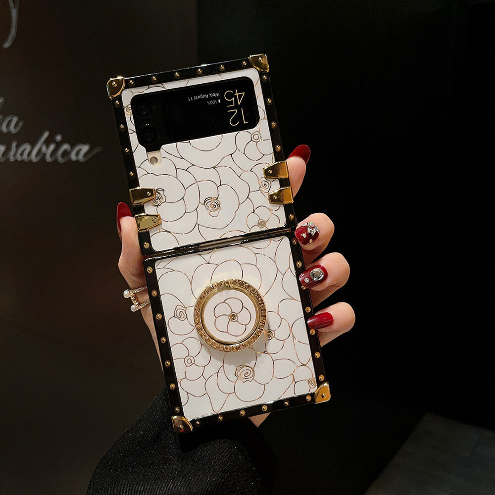 Luxury Brand Camellia Gold Plating Square Case For Samsung Galaxy Z Flip4 Flip3 5G - GiftJupiter