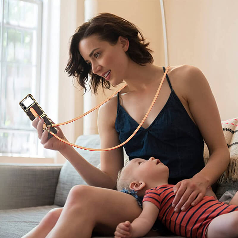 Original Leather Back Screen Tempered Glass Hard Frame Cover For Samsung Z Flip4 Flip3 5G With Lanyard - GiftJupiter