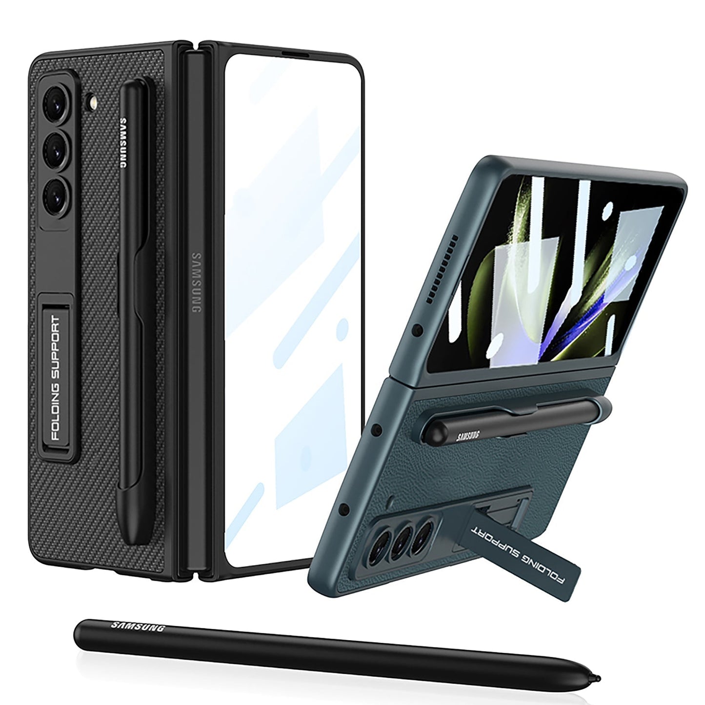 Slim Leather Samsung Galaxy Z Fold 5 Case with Front Screen Tempered Glass Protector & Pen Slot & Stylus - mycasety2023 Mycasety