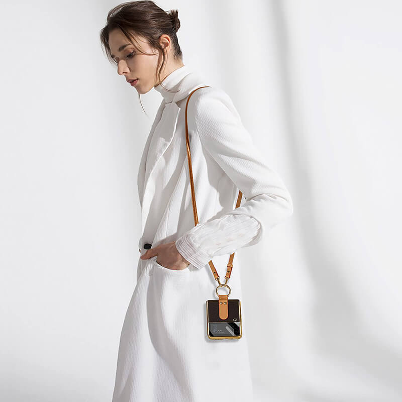 Original Leather Back Screen Tempered Glass Hard Frame Cover For Samsung Z Flip4 Flip3 5G With Lanyard - GiftJupiter