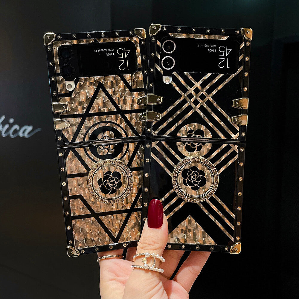 Luxury Brand Black Rose Flower Stripe Glitter Gold Lanyard for Samsung Galaxy Z Flip4 Flip3 - GiftJupiter