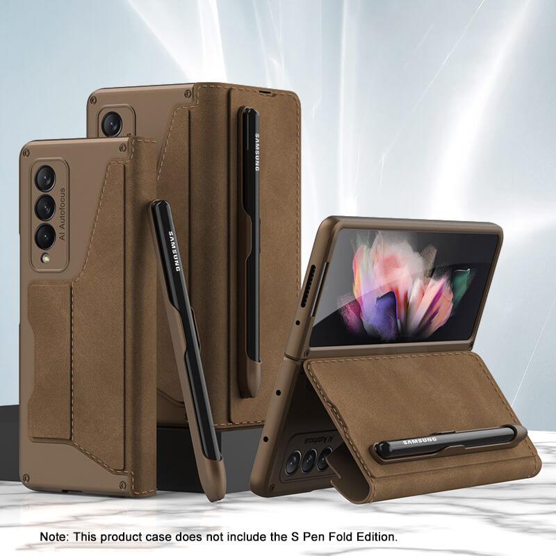Leather Pen Holder Armor Back Case For Samsung Galaxy Z Fold4 Fold3 5G - GiftJupiter
