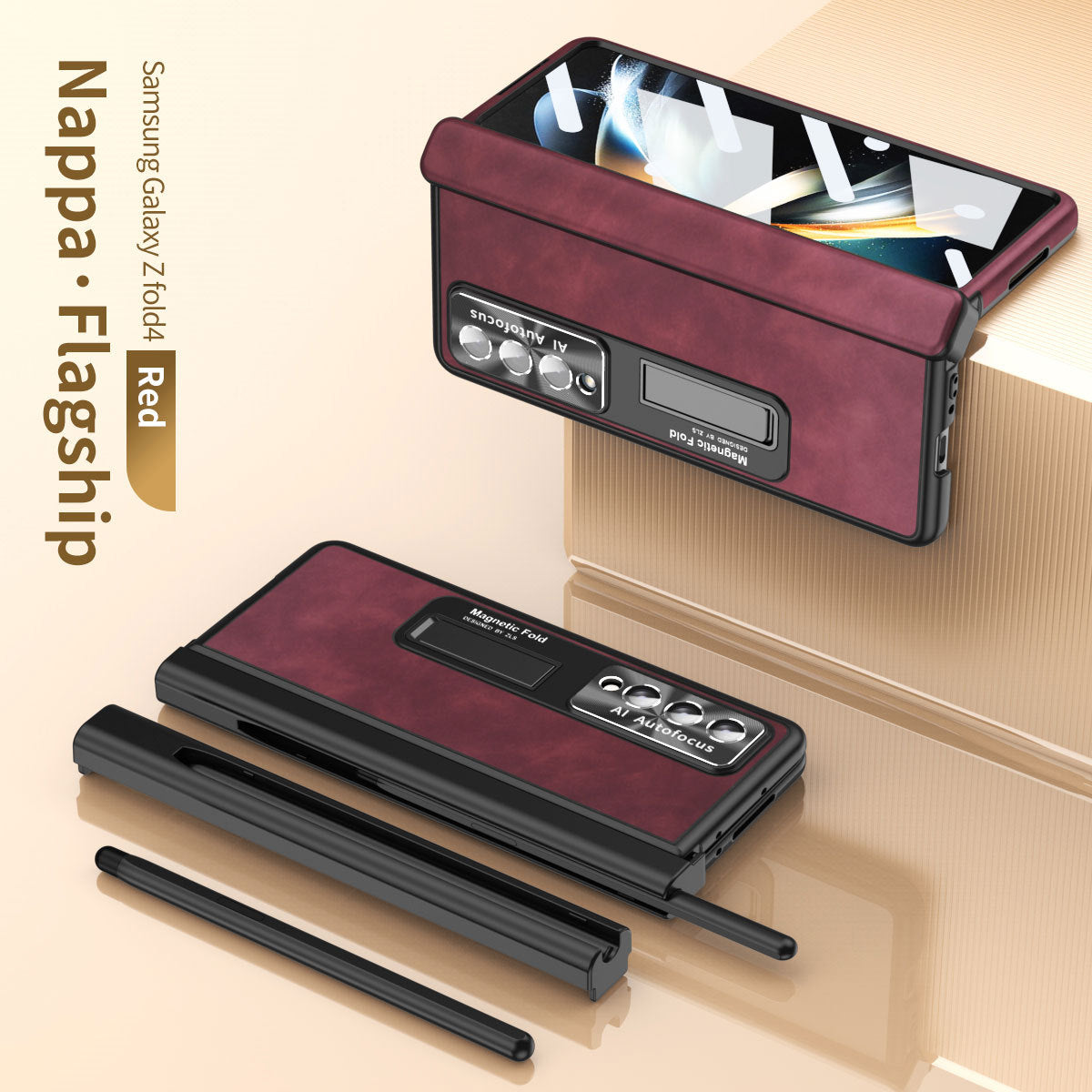 Luxury Nappa Leather Cover Magnetic Hinge Folding Shell Case For Samsung Galaxy Z Fold3 Fold4 Fold5 5G With S-Pen Slot & Stylus