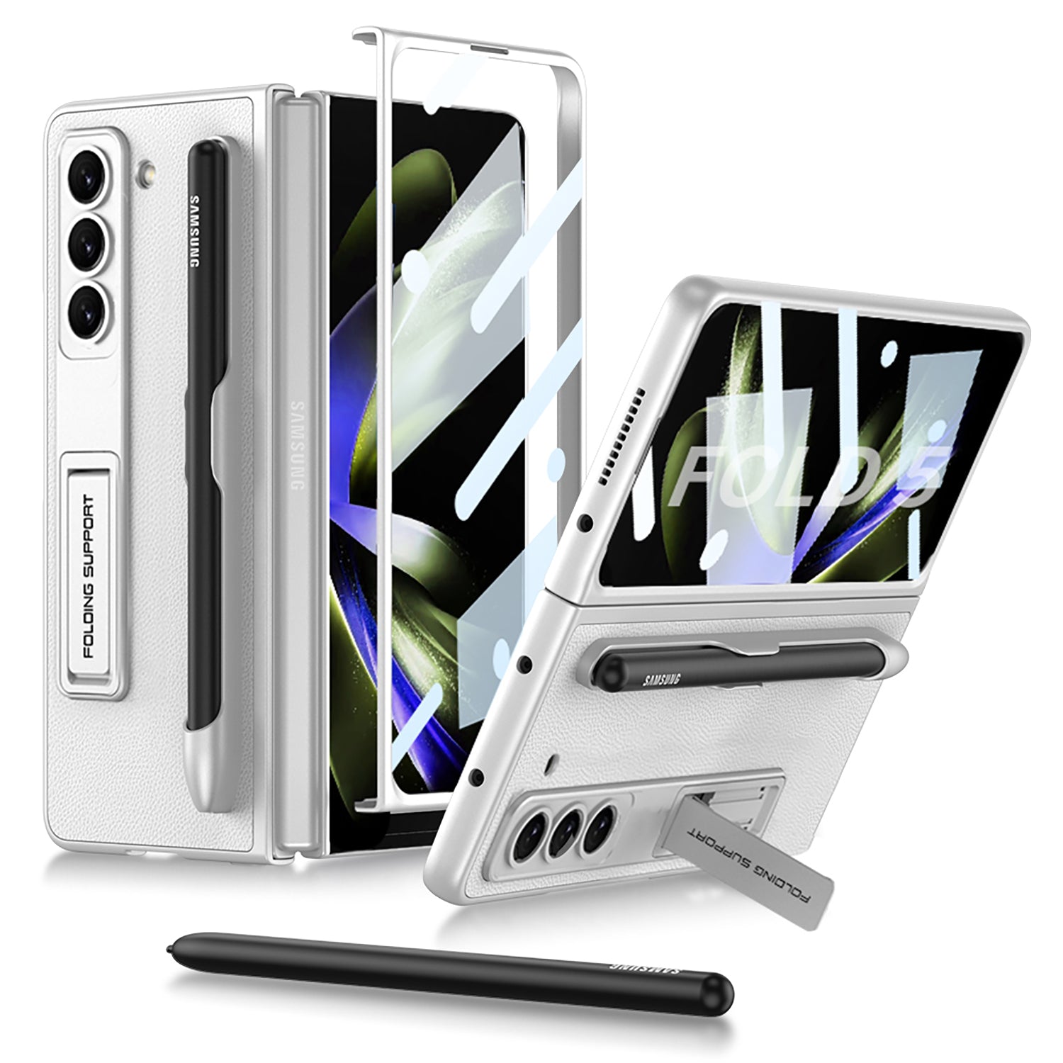 Slim Leather Samsung Galaxy Z Fold 5 Case with Front Screen Tempered Glass Protector & Pen Slot & Stylus - mycasety2023 Mycasety
