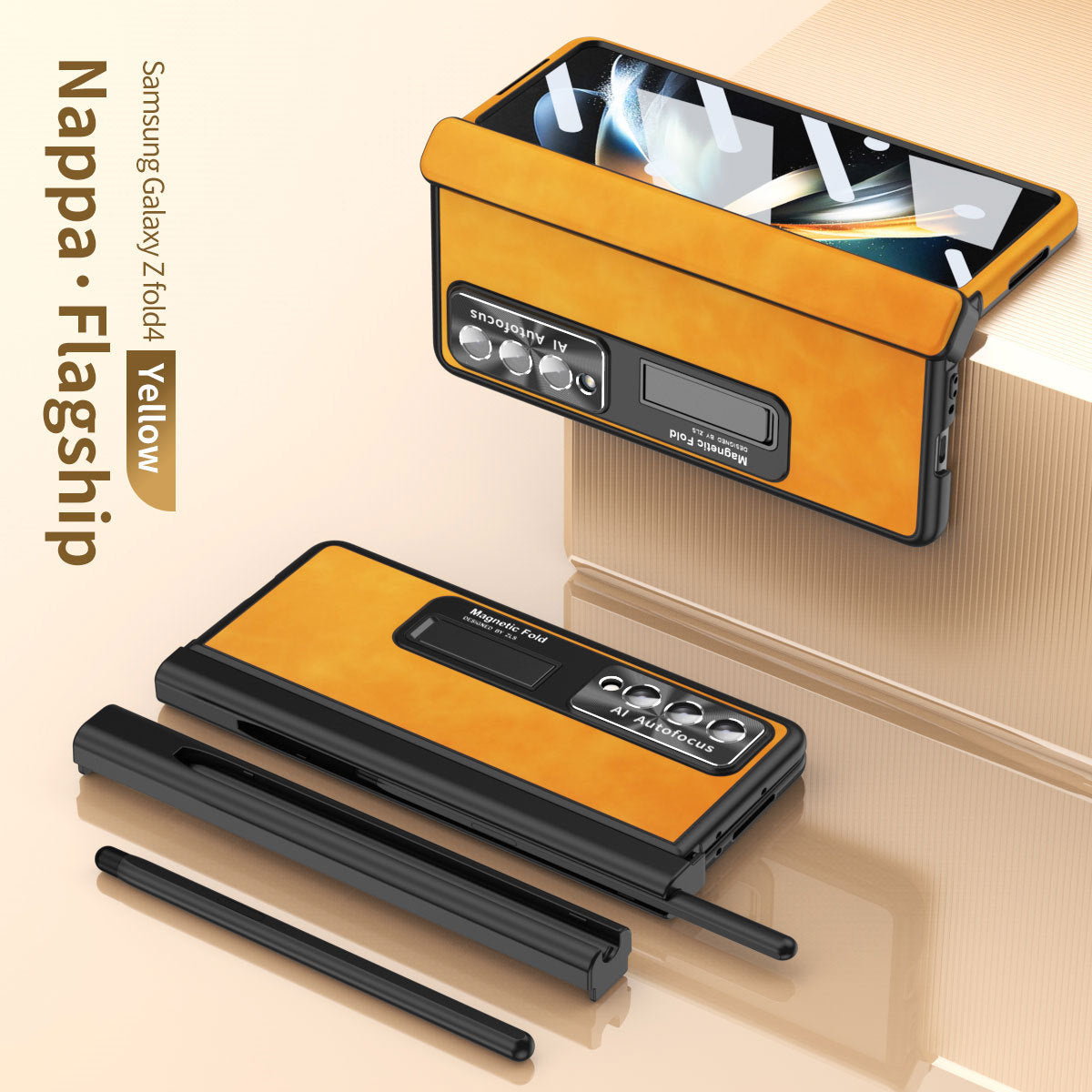 Luxury Nappa Leather Cover Magnetic Hinge Folding Shell Case For Samsung Galaxy Z Fold3 Fold4 Fold5 5G With S-Pen Slot & Stylus