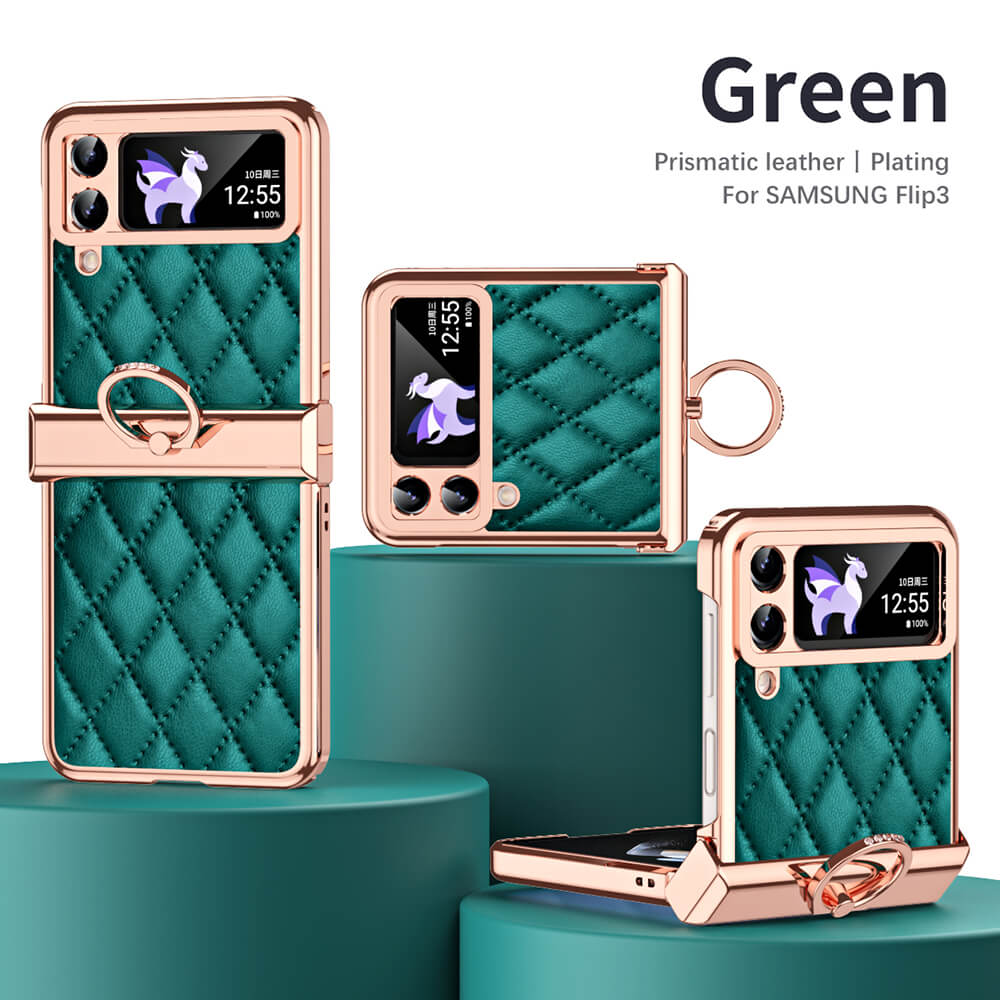 Leather Plated Diamond Hinge Ring Case for Samsung Galaxy Z Flip4 Flip3 - GiftJupiter