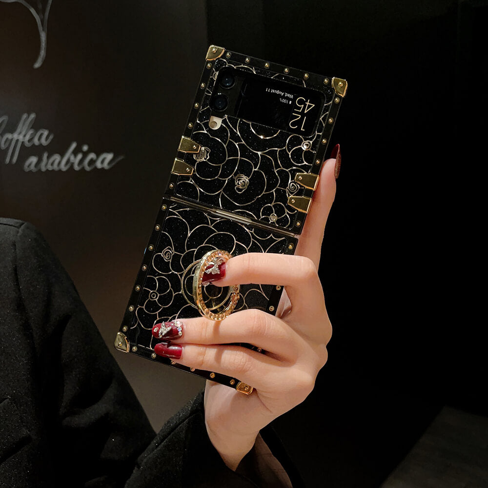 Luxury Brand Camellia Gold Plating Square Case For Samsung Galaxy Z Flip4 Flip3 5G - GiftJupiter