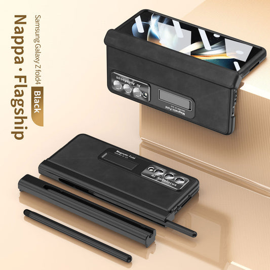 Luxury Nappa Leather Cover Magnetic Hinge Folding Shell Case For Samsung Galaxy Z Fold3 Fold4 Fold5 5G With S-Pen Slot & Stylus