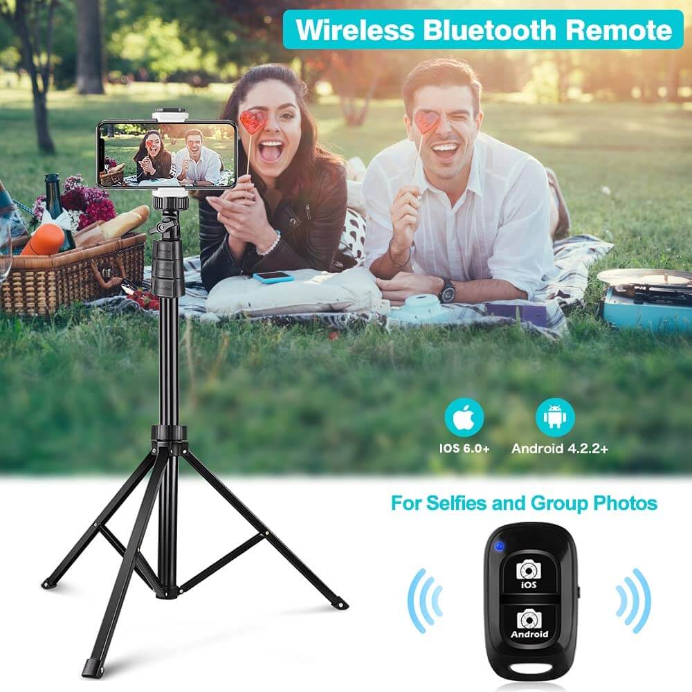 67" Phone Tripod&Selfie Stick, Camera Tripod Stand with Wireless Remote and Phone Holder, Perfect for Selfies/Video Recording/Live Streaming - GiftJupiter