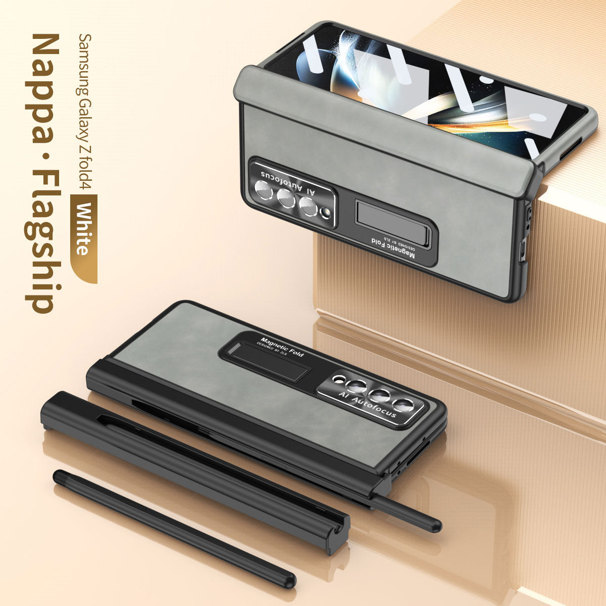 Luxury Nappa Leather Cover Magnetic Hinge Folding Shell Case For Samsung Galaxy Z Fold3 Fold4 Fold5 5G With S-Pen Slot & Stylus