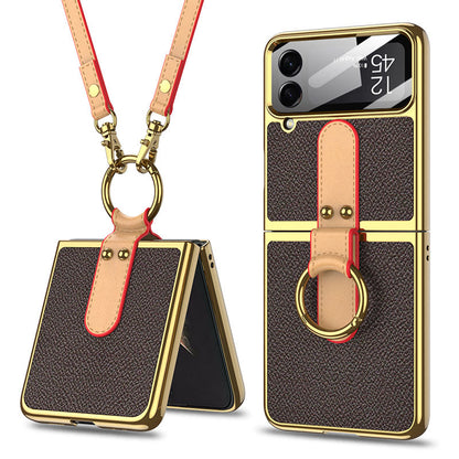 Luxury Leather Back Screen Tempered Glass Hard Frame Cover For Samsung Z Flip4 Flip3 5G With Lanyard - GiftJupiter