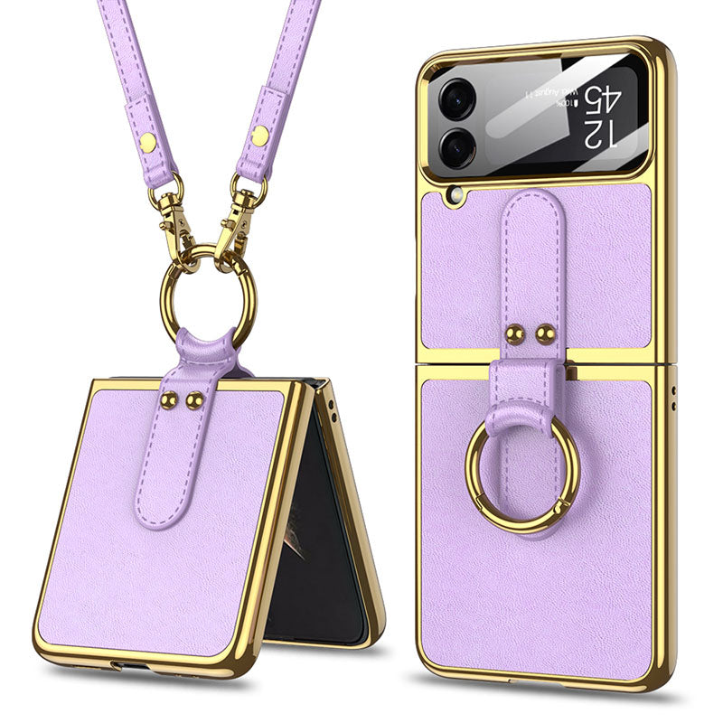 Luxury Leather Back Screen Tempered Glass Hard Frame Cover For Samsung Z Flip4 Flip3 5G With Lanyard - GiftJupiter