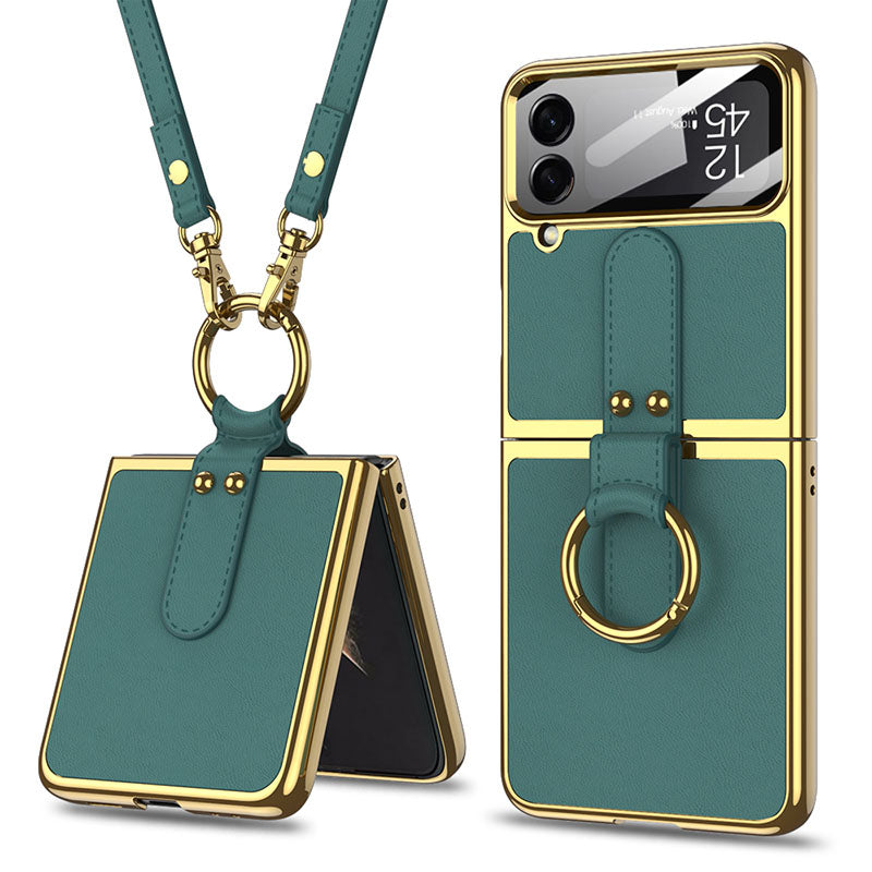Luxury Leather Back Screen Tempered Glass Hard Frame Cover For Samsung Z Flip4 Flip3 5G With Lanyard - GiftJupiter