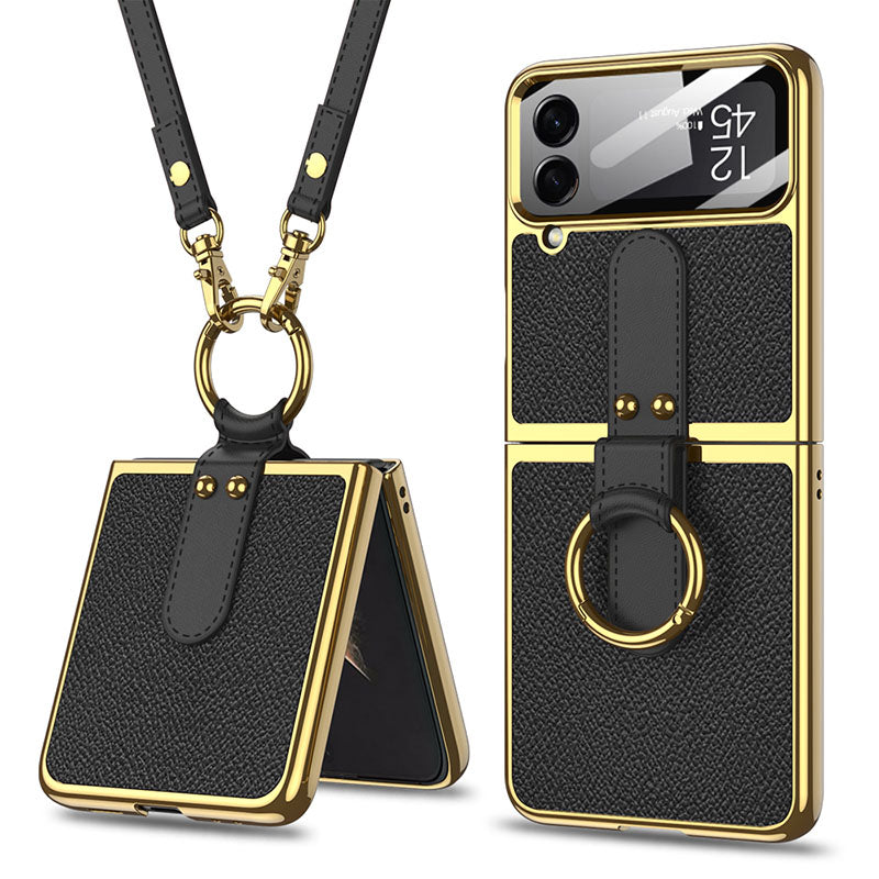 Luxury Leather Back Screen Tempered Glass Hard Frame Cover For Samsung Z Flip4 Flip3 5G With Lanyard - GiftJupiter