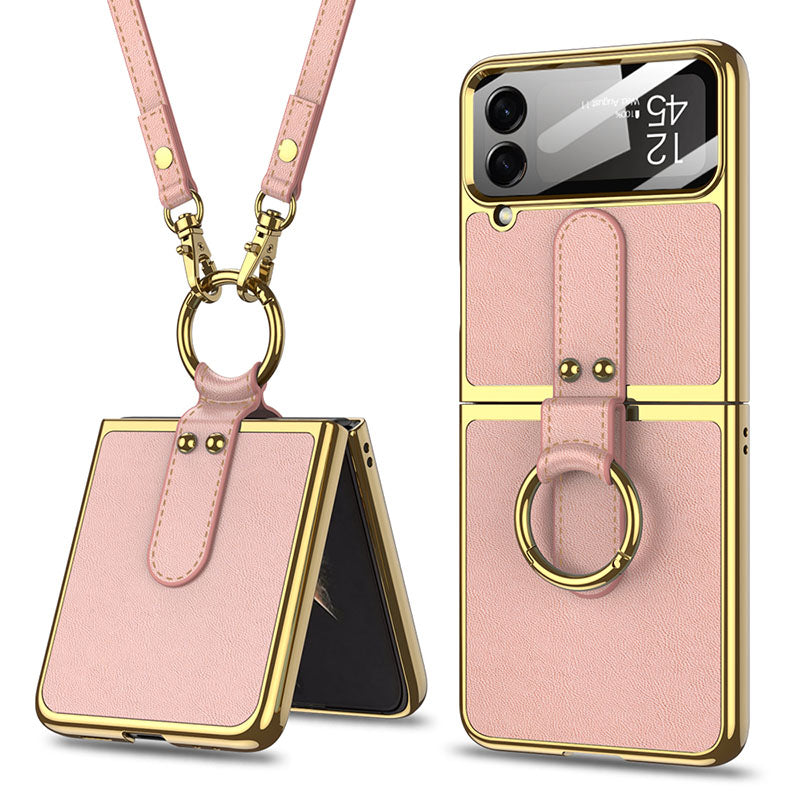 Luxury Leather Back Screen Tempered Glass Hard Frame Cover For Samsung Z Flip4 Flip3 5G With Lanyard - GiftJupiter