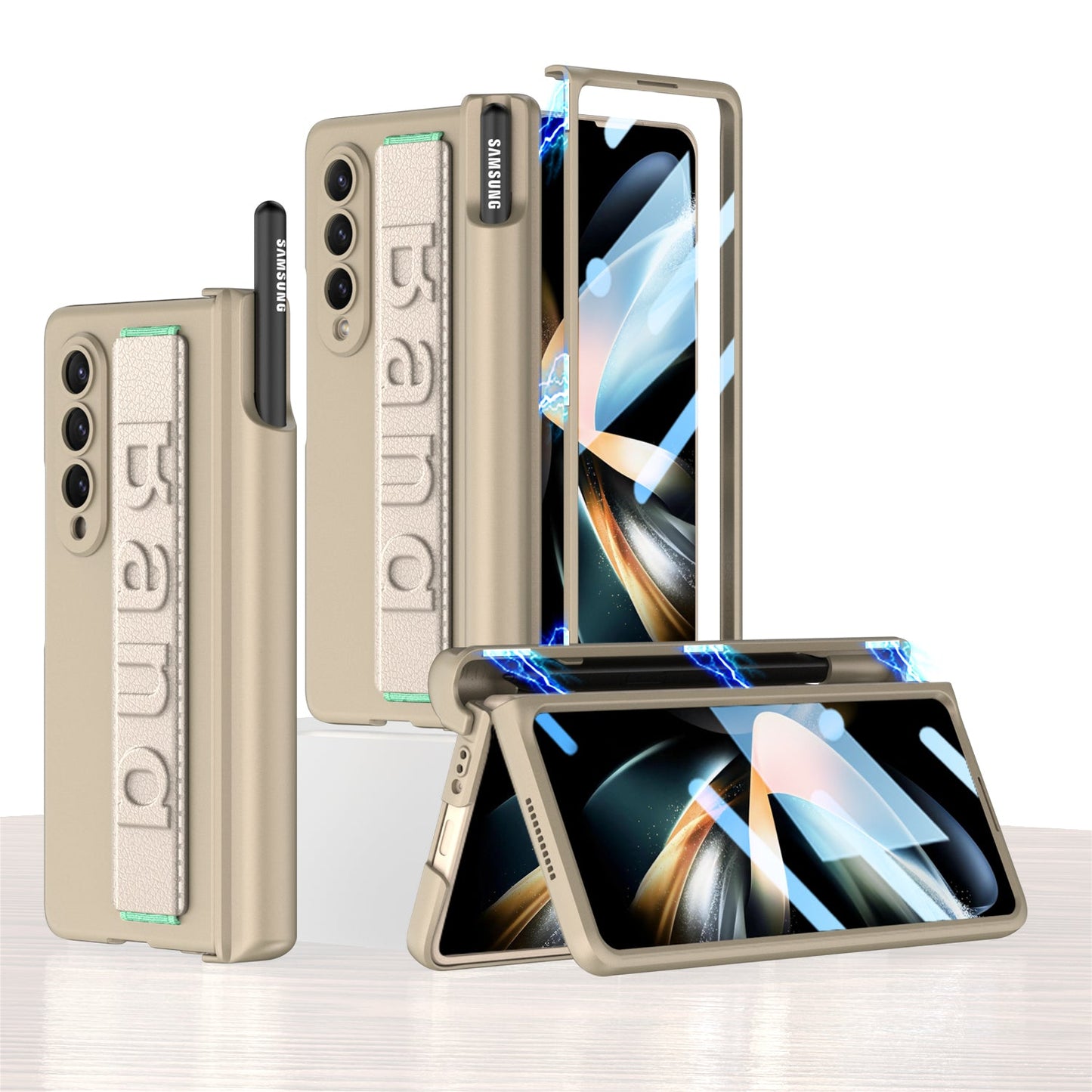 Magnetic Hinge S Pen Slot Luxury Wristband Holder Phone Case For Samsung Galaxy Z Fold4 Fold3 5G Case With Back Screen Glass Protector - GiftJupiter